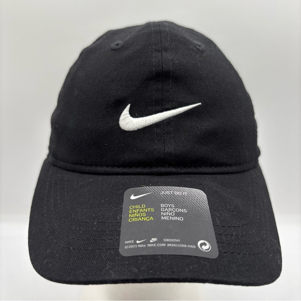 Nike Kids Black Hat White Swoosh Adjustable Boys Youth Cotton Cap 2319-023 OSFM